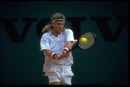 Bjorn Borg plays a backhand during his comeback game at the Monte Carlo Open