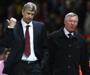 Arsene Wenger and Sir Alex Ferguson head for the tunnel, Manchester United v Arsenal, Champions League semi-final first leg, Old Trafford, April 29, 2009