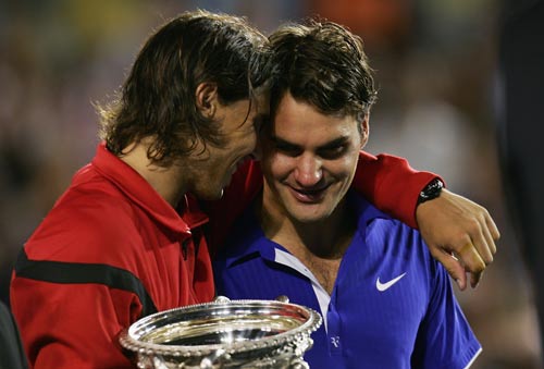 Rafael Nadal consoles Roger Federer after winning the Australian Open