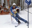 Swedish skier Ingemar Stenmark clears a gate during the first run of the men's slalom
