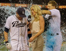 San Diego Padres' Chris Denorfia gets soaked while being interviewed
