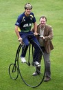Alastair Cook poses on a penny farthing bicycle