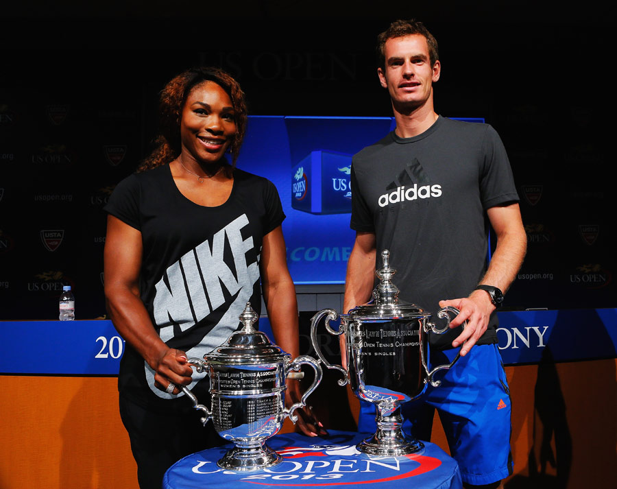Defending champions Serena Williams and Andy Murray show off their silverware at the US Open draw ceremony