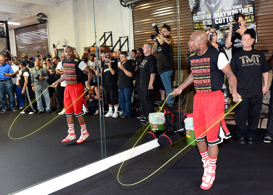 Floyd Mayweather Jr. jumps rope as he works out ahead of his September 14 clash with Canelo Alvarez