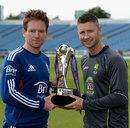 Eoin Morgan and Michael Clarke with the ODI series trophy