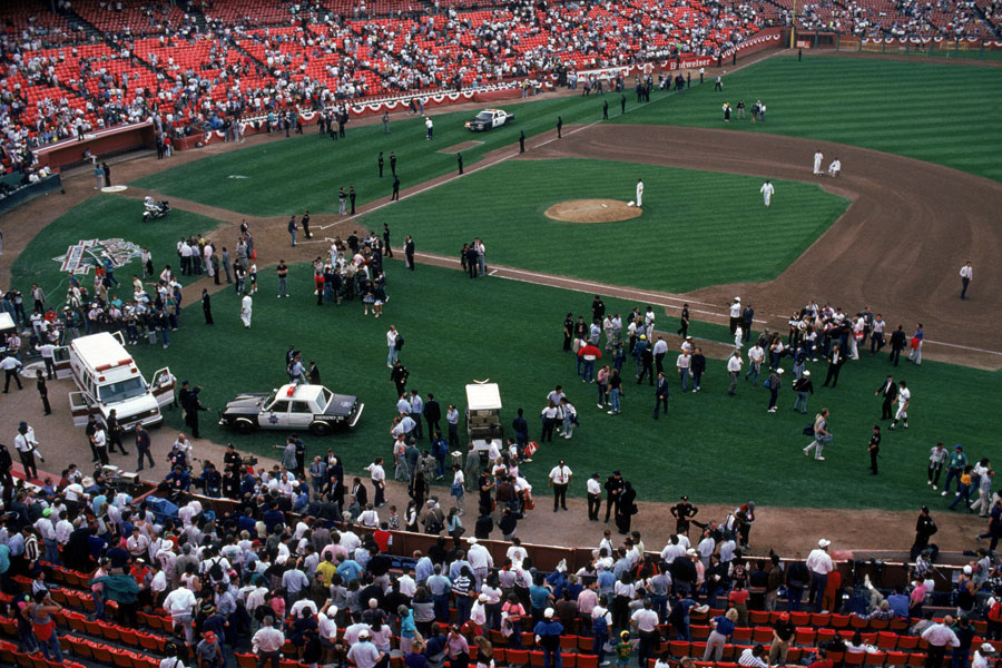 General view of the crowds in Candlestick Park after an earthquake, measuring 7.1 on the Richter Scale, hits the area