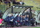 A worried-looking England bench during the World Cup qualifier match between San Marino and England