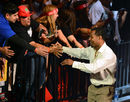 Shane Mosley greets fans as he is introduced at the official weigh-in for Floyd Mayweather Jr and Canelo Alvarez