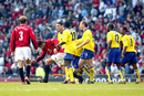 Ruud van Nistelrooy stumbles after being pushed