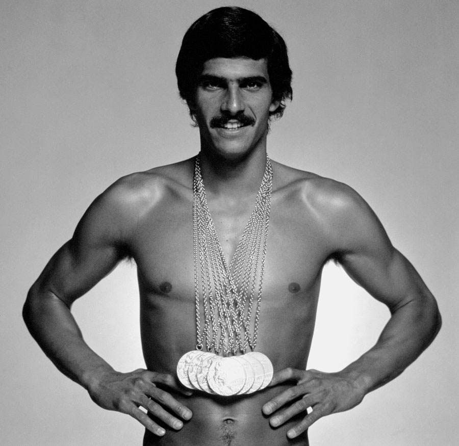 Mark Spitz poses with his seven gold medals he won at the 1972 Munich Olympics