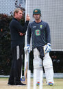 Shane Warne chats with Michael Clarke during Australia practice