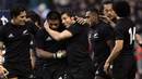All Blacks' Keven Mealamu is congratulated on a try against England