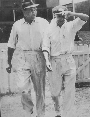 Wally Hammond and Don Bradman go out to toss at the start of the 1946-47 series