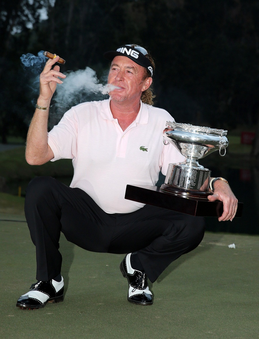 Miguel Angel Jimenez celebrates retaining his Hong Kong Open title in style