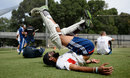 Monty Panesar warms up for an England nets session on Christmas Day in Melbourne ahead of the fourth Ashes Test
