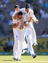 Tim Bresnan is mobbed after removing Mitchell Johnson