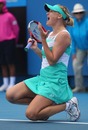 Elena Baltacha reacts after beating Pauline Parmentier