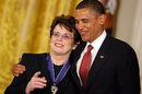 U.S. President Barack Obama embraces Billie Jean King after presenting her with the Medal of Freedom
