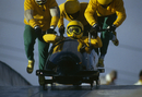 The Jamaican four man bobsleigh team in action