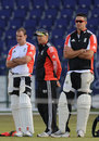 Andrew Strauss, Andy Flower and Kevin Pietersen observe England's net session
