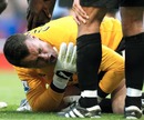 Shay Given holds his shoulder after seriously injuring himself