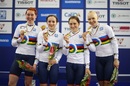Katie Archibald, Elinor Barker, Laura Trott and Joanna Rowsell pose with their gold medals at the Track Cycling World Championships