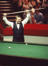 Dennis Taylor celebrates winning the 1985 world snooker final
