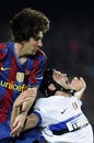 Lionel Messi challenges Cristian Chivu