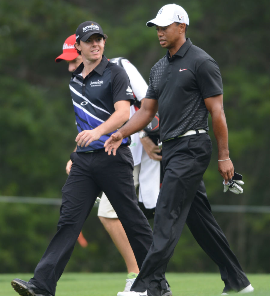Rory McIlroy and Tiger Woods share a joke 