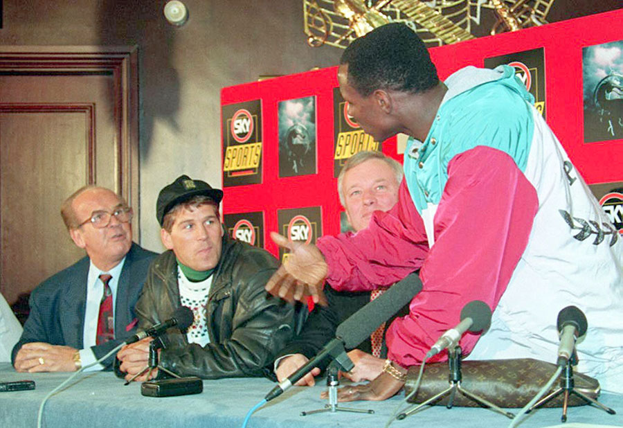 Mickey Duff and Chris Eubank argue at a press conference