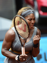 Serena Williams celebrates after winning a point during her second round match against Peng Shuai