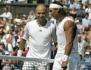 Andre Agassi congratulates Rafael Nadal on his victory