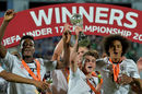 England players celebrate with the trophy after being crowned UEFA Under-17 European Champions