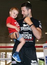 Carl Froch poses with his son Rocco ahead of his work out for his fight against George Groves