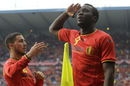 Romelu Lukaku celebrates as Eden Hazard looks on