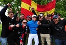 Jens Dantorp is greeted by members of the Jens Dantorp fan club as he finishes his first round during the Scandinavian Masters 