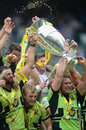 Tom Wood and Dylan Hartley lift the Aviva Premiership trophy