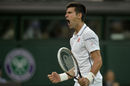 Novak Djokovic celebrates winning the second set against Jo-Wilfried Tsonga
