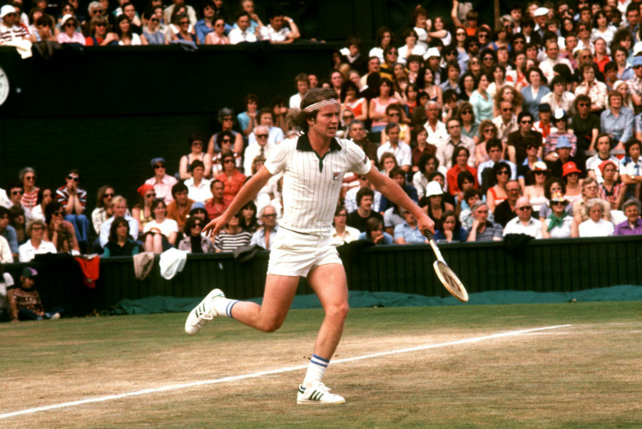 John McEnroe returns to Jimmy Connors in their Wimbledon semi-final