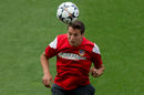 Javier Manquillo heads a ball during Atletico Madrid training