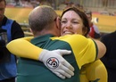 Anna Meares celebrates winning the gold medal in the women's 500m time trial