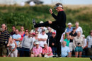 Bernhard Langer celebrates holing a putt in the final round of the Senior Open