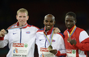Mo Farah and Andy Vernon on the podium with Turkey's Ali Kaya after the 10,000m