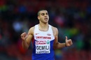 Adam Gemili celebrates reaching the men's 200m final