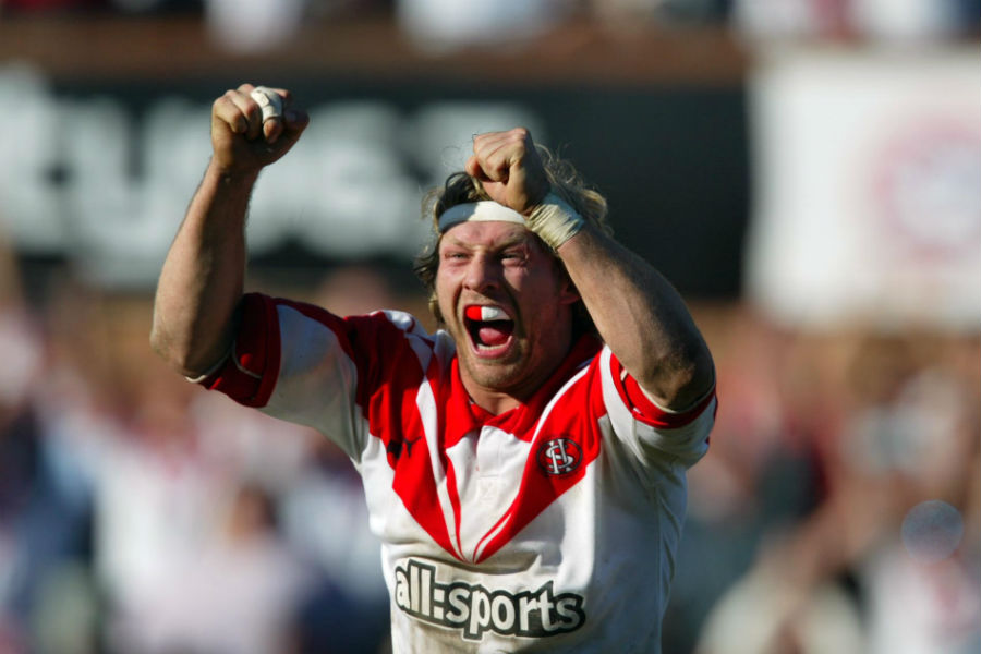 Sean Long of St Helens celebrates reaching the Powergen Challenge Cup semi-finals