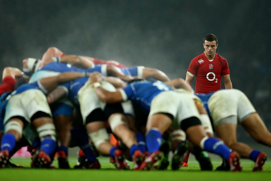George Ford is the picture of concentration as the forwards clash in England's match against Samoa