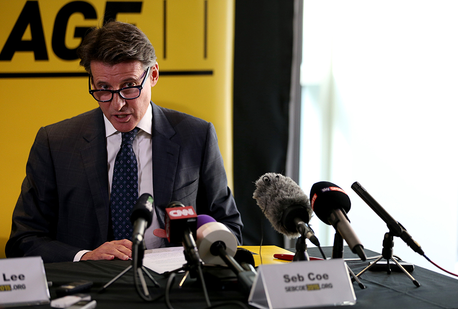 Lord Sebastian Coe addresses the media as he unveils his IAAF Presidential Campaign Manifesto