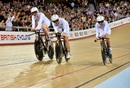 Great Britain's Laura Trott and team-mates celebrate victory