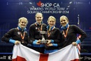 Emma Beddoes, Sarah-Jane Perry, Alison Waters and Laura Massaro of England celebrate victory