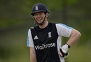 Eoin Morgan laughs during a nets session